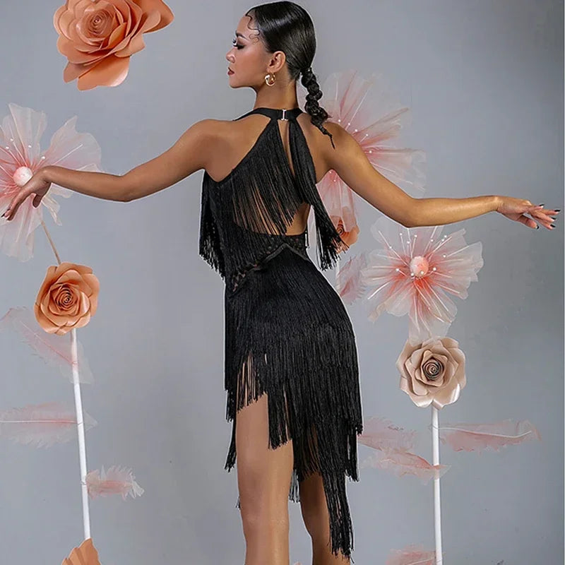 Women Backless Fringe Sexy Black Dress Cha Cha Rumba Samba Tango Dance Costume Prom Wear Latin Dance Copetition Dress