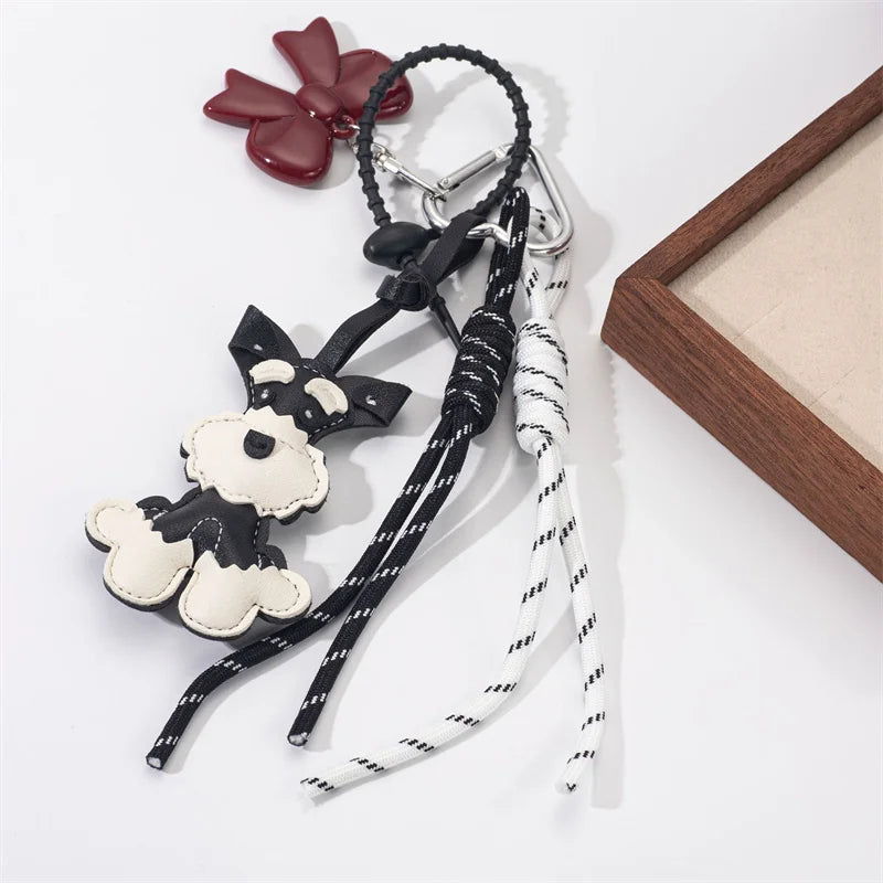 Lovely PU Leather Schnauzer Keychain Cute Puppy Animal Hanger Dog Fashion Bag Pendant Creative Woven Rope Keyring Bag Charms New