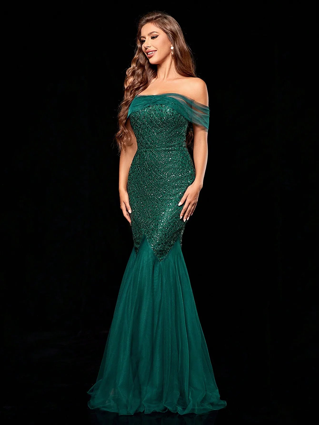 Mgiacy Straight shoulder mesh slim sequin mesh slit fishtail skirt Evening gown Ball dress Party dress Bridesmaid dress
