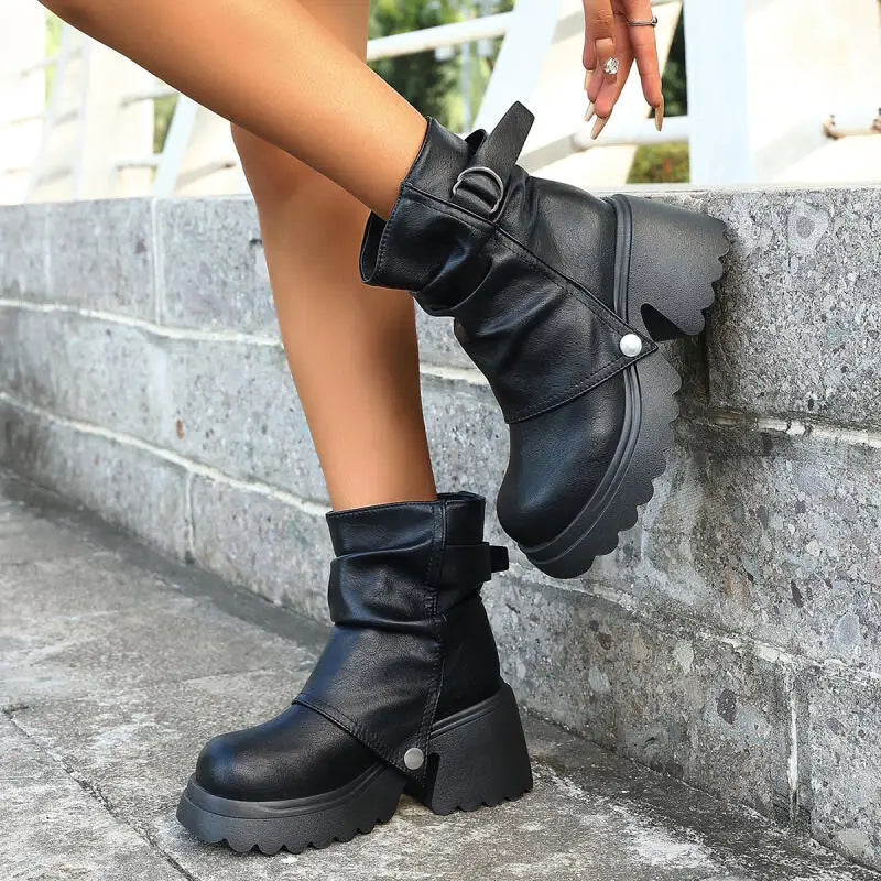 Gothic Chunky Platform Black Ankle Boots Women 2025 Autumn Punk Metal Belt Buckle Thick Bottom Short Boots Woman's Y2K Shoes 43