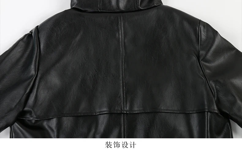 Nerazzurri Spring Autumn Black Waterproof Lightweight Soft Pu Leather Jacket Women with Hood Zipper Loose Casual Clothes 2023