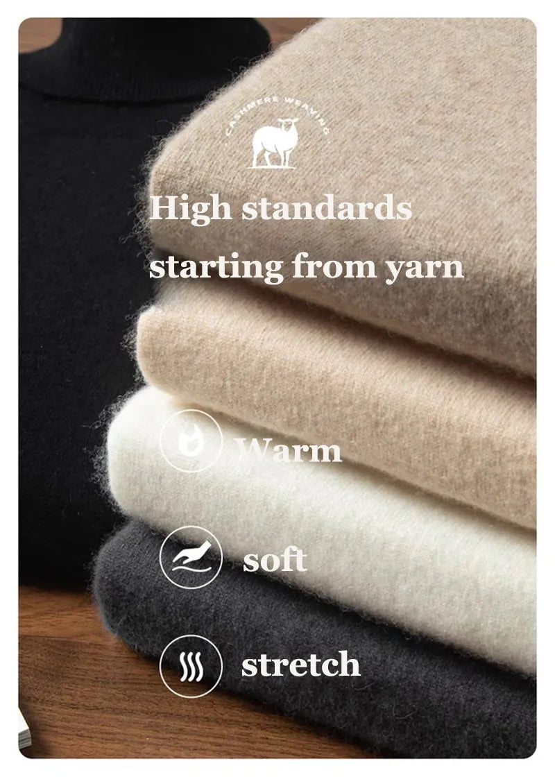 Men's 100% pure Cashmere Sweater High Lapels Pullovers Knitted Wool Winter New Tops Long Sleeve High-End Jumpers