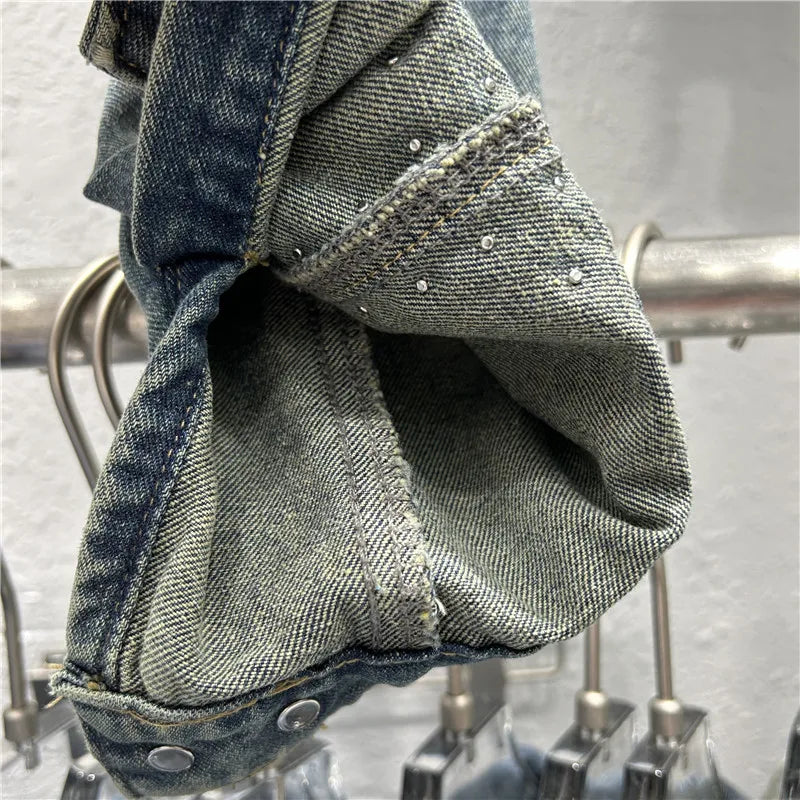 Women Denim Jacket Rivet Short Coat Sashes Pockets Jackets Distressed Streetwear Female Spring 2026 Washed Vintage Outerwear