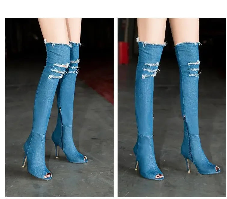 Summer Autumn Thigh High Boots Women Fashion Peep Toe Over The Knee Boots Blue Denim Jeans Zipper Long Boots Shoes Ladies