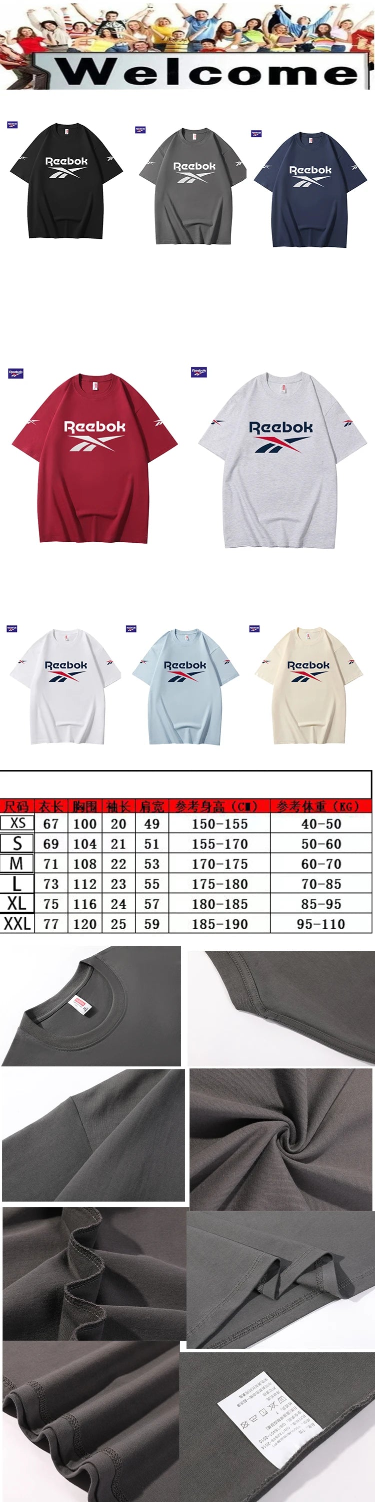 Reebok Summer New Color-Block Short Sleeve - Suitable for Men and Women. Loose and Comfortable. Fashionable Street Style.