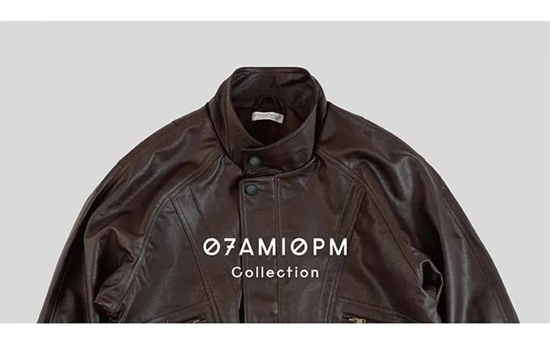Lautaro Autumn Cool Brown Oversized Leather Jacket Women Drop Shoulder Long Sleeve Zippper High Quality American Retro Clothing