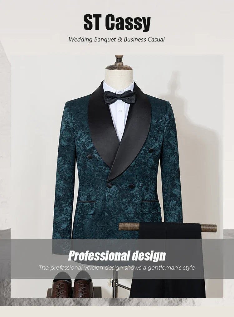 Black Luxury 2-Piece Set Men Suit Party Shawl Collar Double Breasted Business Casual Suit Groom's Wedding Dress Jacquard Pattern