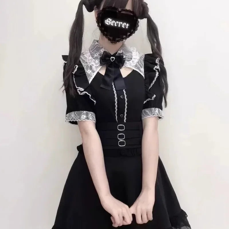 Jirai Kei Cosplay Costume Lolita Dress Blouse Y2K Kawaii Japanese Style Shirt Short Sleeve Pink Sweetheart Girl Halloween Party