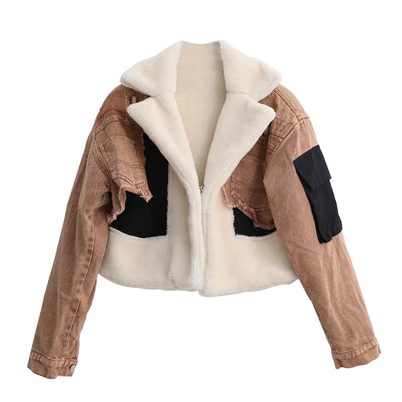 Women Padded Jacket Denim Splicing Jacket Winter New Lamb's Wool Liner Thickened Short Section Biker Jacket Cotton Jacket 2024