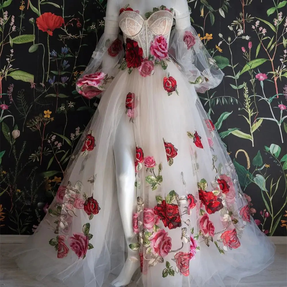 Amanda Colorful Embroidered Wedding Dress for Women Bride Sweetheart Backless Pastoral Marriage Bridal Flower Dresses