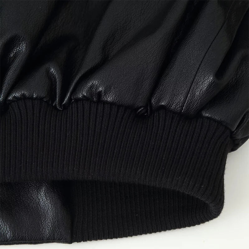  Women's Faux Leather Bomber Jacket Black Stand Collar Cropped Loose Vintage Outerwear 2026 Autumn Lady Street Chic Casual Coat
