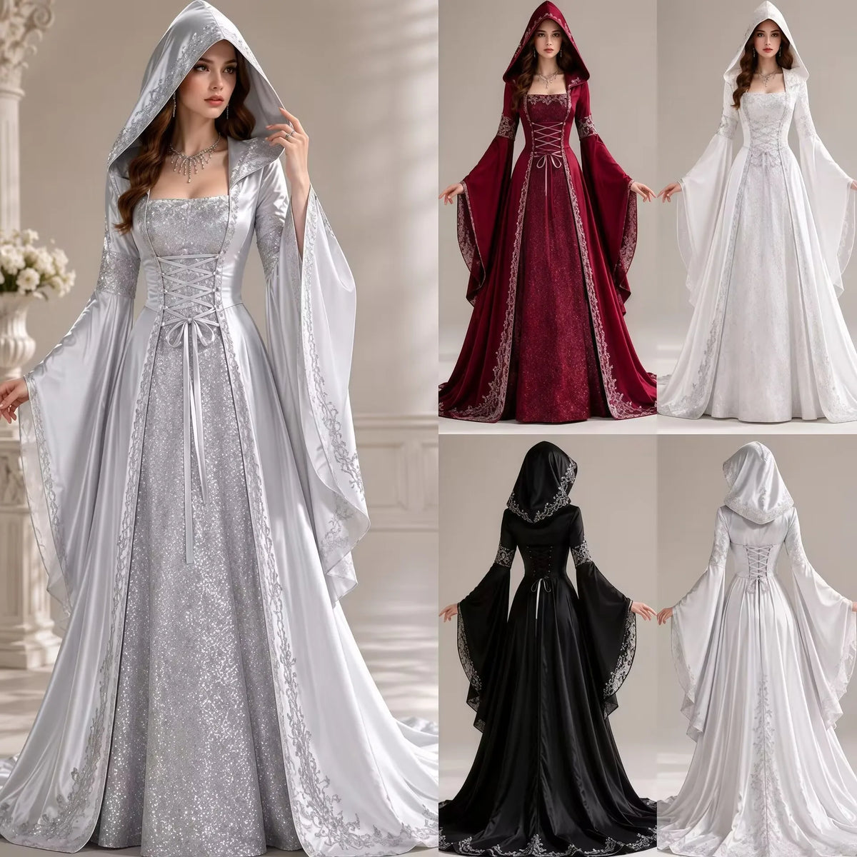 Women Deluxe Witch Dress Medieval Renaissance Maxi Train Dress Halloween Devil Pagan Witch Wedding Cos Costume Hooded Gown Robe