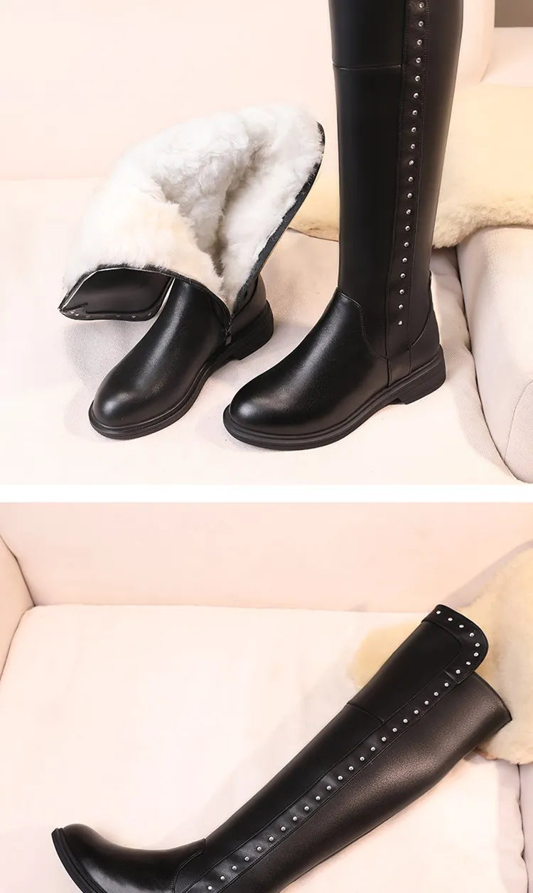 Women Over The Knee Boots Winter Natural Wool Warm Genuine Leather Ladies Knee Boots Large Size Non-slip Snow Boots Women