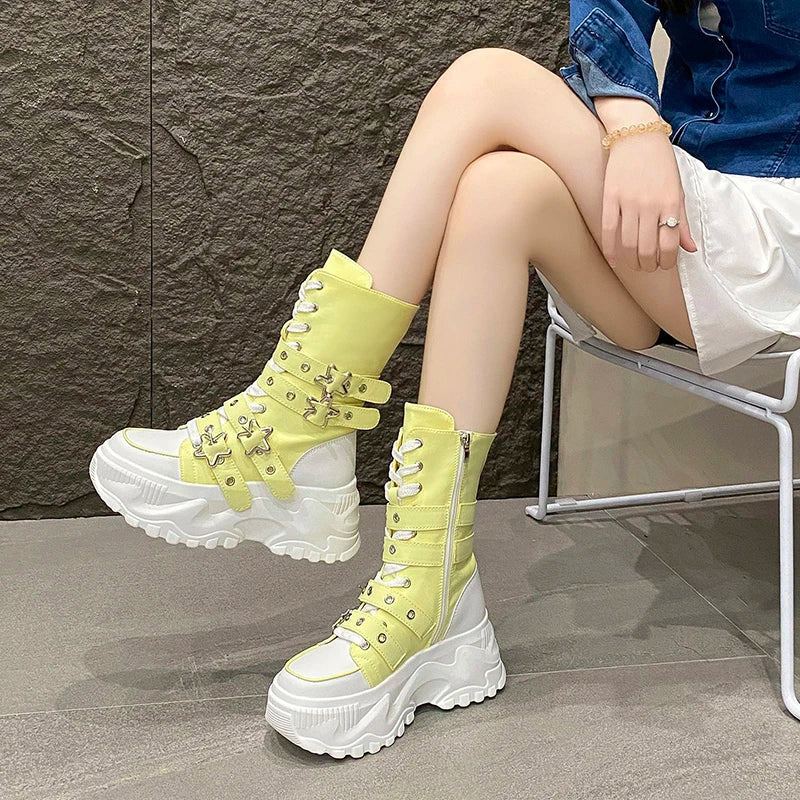 New Rock Platform Y2K Boots Women Summer 2026 Gothic Metal Star Belt Buckle Thick Sole Mid Calf Boots Woman Designer Punk Shoes