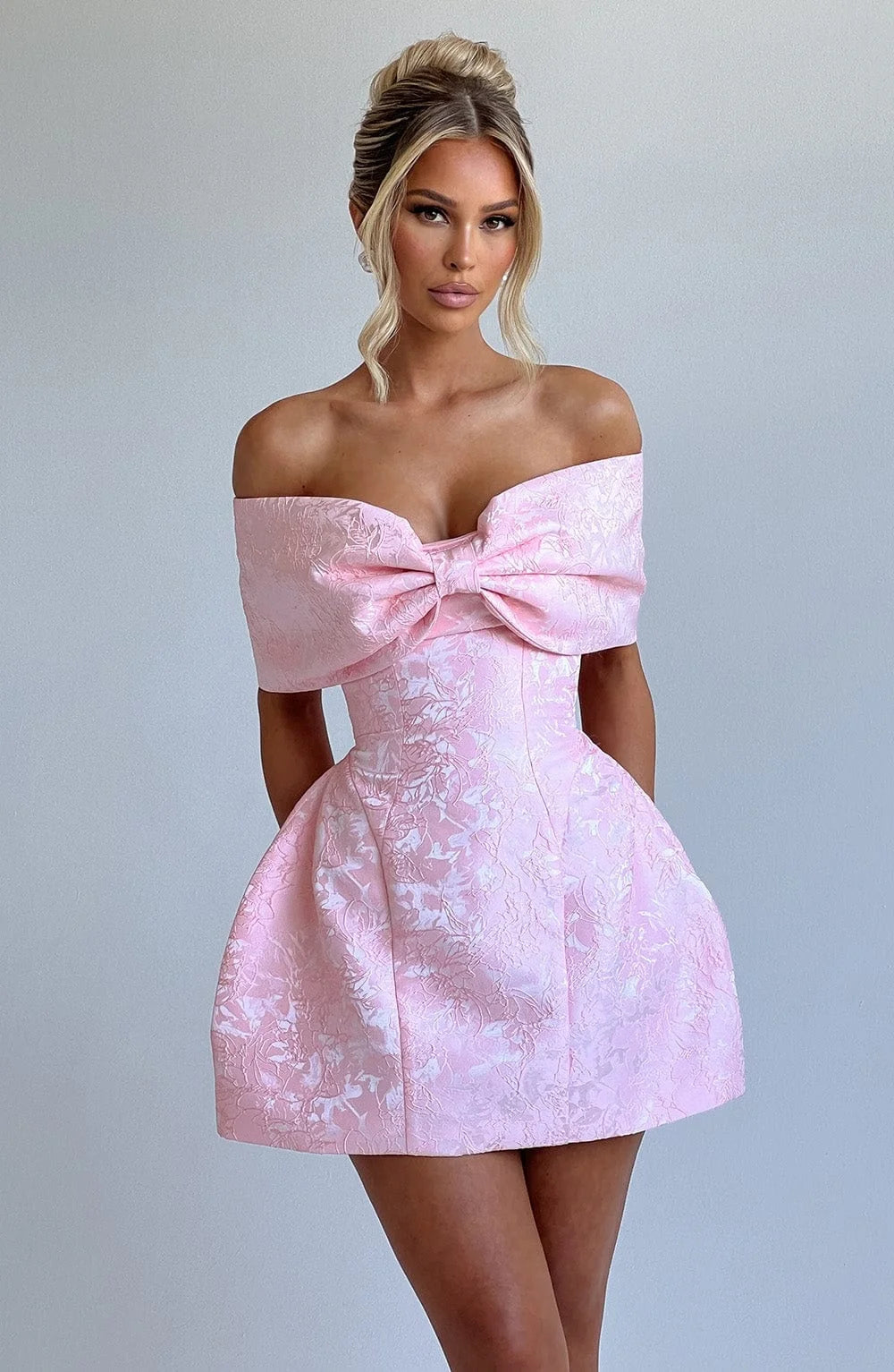 Pink Big Bow Jacquard Prom Dress Off Shoulder Women Formal Evening Gowns Fitted Mini Skirt For Wedding Cocktail Party