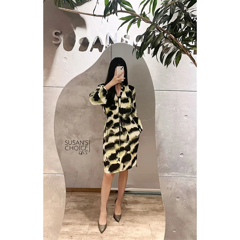 Faionable adient Print Silk Blend Dr with Dstring V-Ne ort Sweet Sle Long Sve round Ne Gown for Women