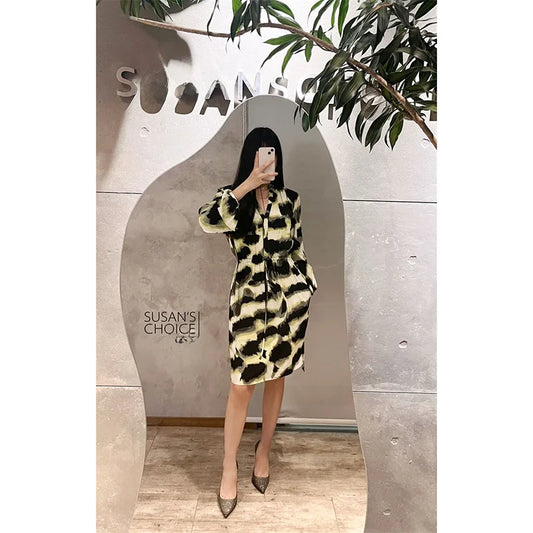 Faionable adient Print Silk Blend Dr with Dstring V-Ne ort Sweet Sle Long Sve round Ne Gown for Women