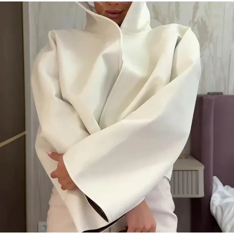 Street White Faux Leather Cropped Jacket Women Loose Stand Collar Wide Sleeve Coat 2026 Autumn Lady PU Motorcycle Daily Outwear