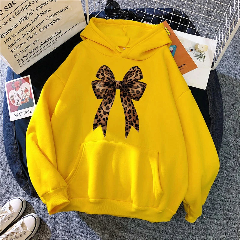 Bow Heart Love Leopard Print Hoodies Long Sleeve Funny Sweatshirts Streetwear Women's Casual Graphic Hooded Pullovers Clothes