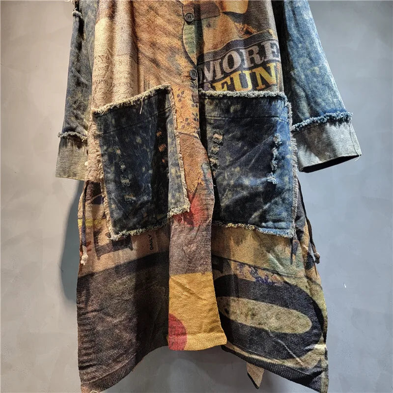 WTHT Colorful Print Spliced Denim Big Pockets Long Coat For Women 2024 Autumn Lapel Single Breasted Jacket Female 1LS215