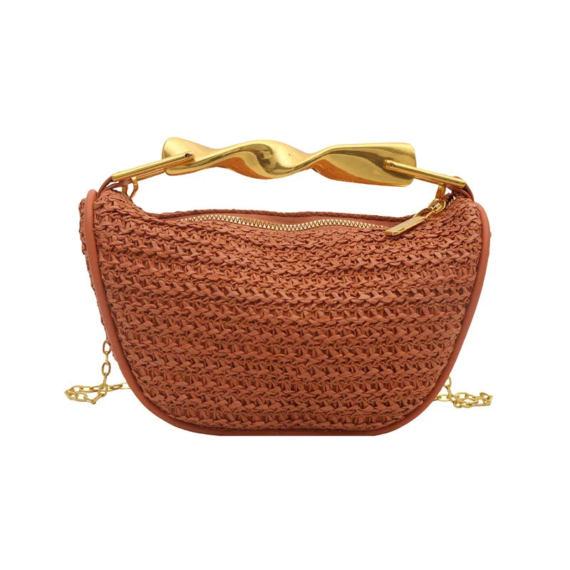 Luxury Metal Handle Clutch Bag Women Exquisite Handmade Rattan Woven crossbody Bag Half-moon Beach Bags Roomy Straw Tote Bag