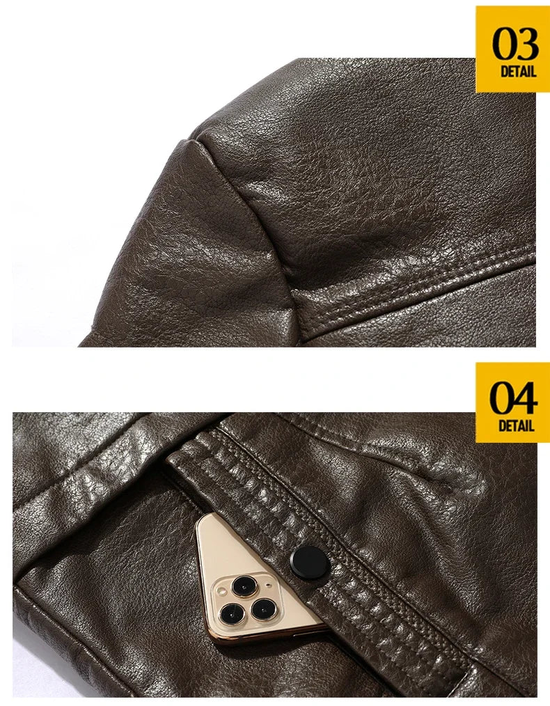 Men's Medium and Long PU Leather Jacket, Business Velvet Lapel Blazer, Single-Breasted Vintage Design Jacket