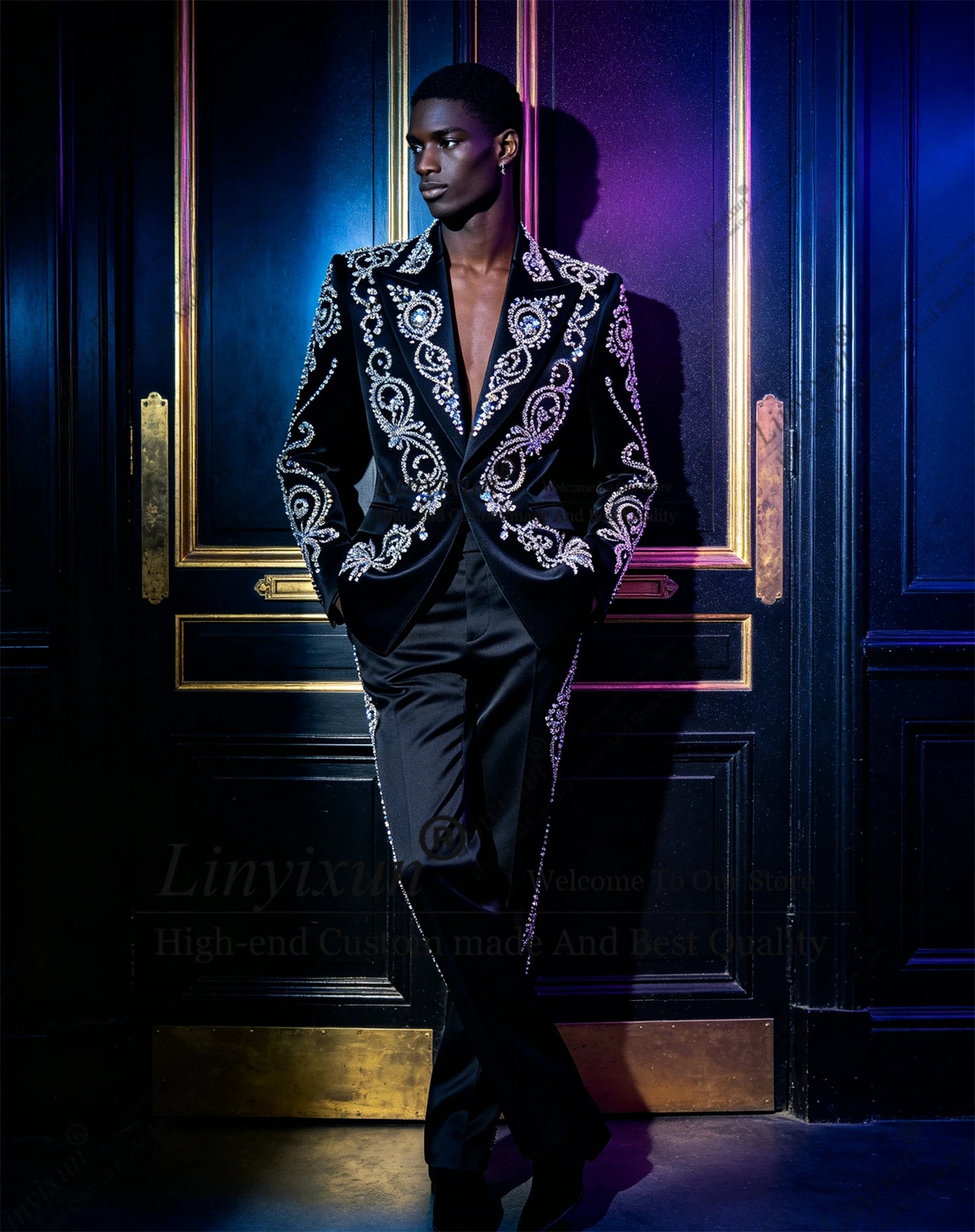 Luxury Metal Embellished Diamond Men Suits Peaked Lapel Groom Tuxedos Party Prom Blazer Customized 2 Pieces Sets Costume Homme