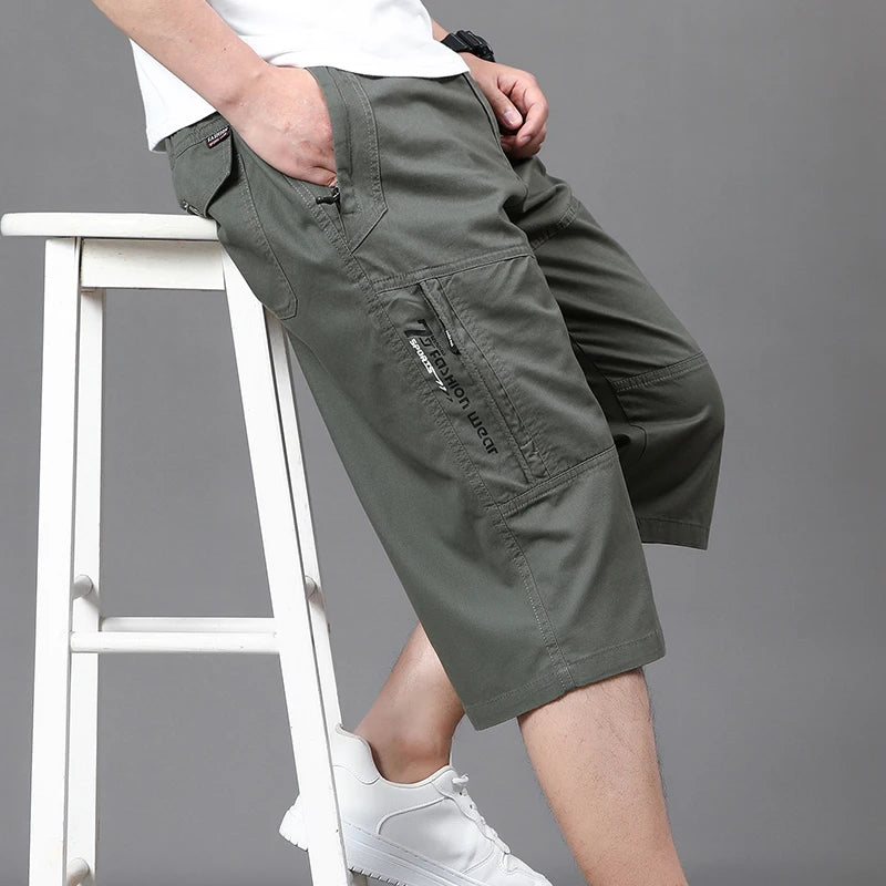 Zipper Pocket Workwear Shorts Mens Knee Cargo Pants 2026 Summer Cotton Shorts Men Climbing Jogger Elastic Waist Sports Work Wear