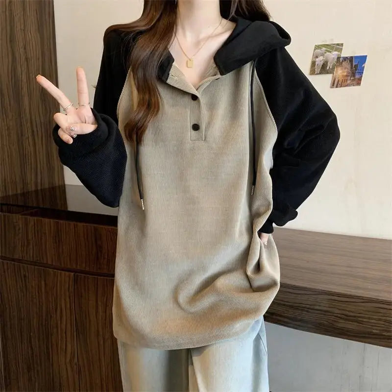 Women Clothing Fashion Casual Long Sleeve Hoodies Spring Autumn Loose Lazy Style Top Tee Office Lady Button Patchwork Pullover