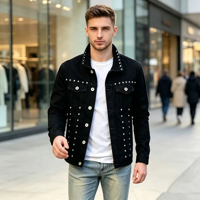 QICHE High‑Street Men Denim Jacket European‑Inspired Heavy‑Weight Rivet Decor Trendy Casual Outerwear