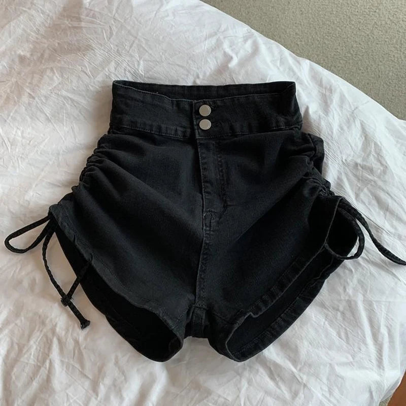 Zoki Sexy Shirring Slim Denim Shorts Women Fashion Korean High Waist Casual Shorts Summer Button All Match Harajuku Shorts New