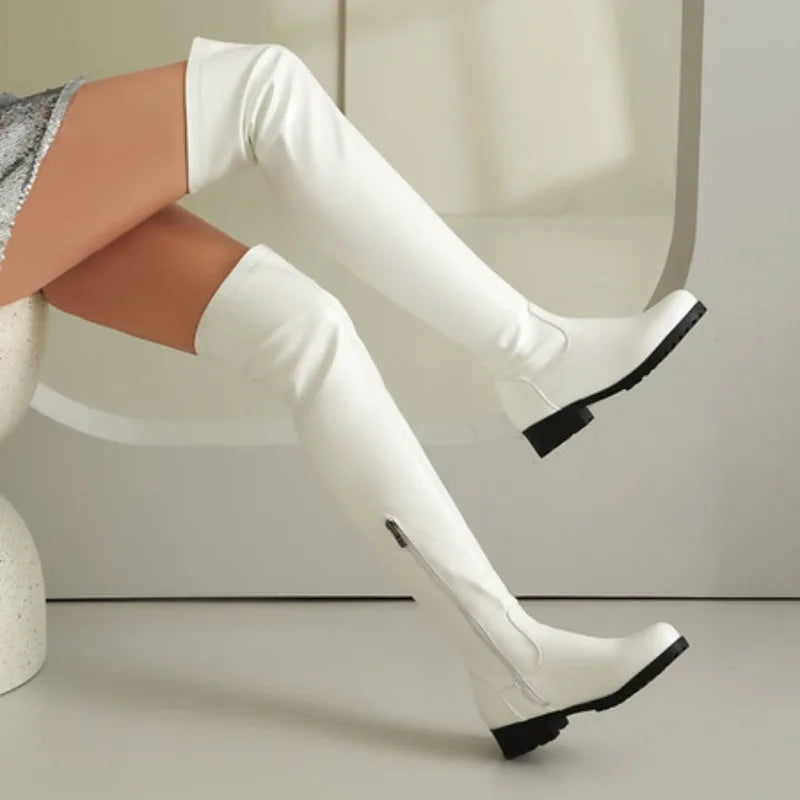 Elastic Women's Thigh High Boots Comfortable Low Heels Over-the-knee Boot Black Red White Long Fetish Shoes Ladies Large Size 48