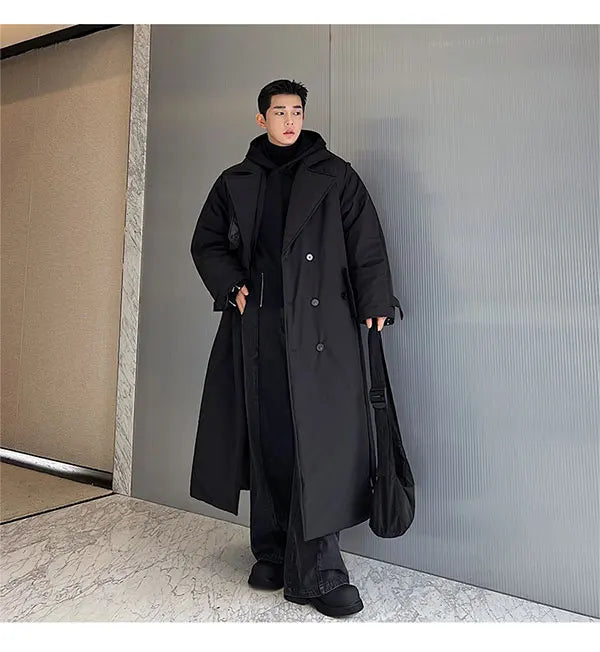 Winter Thickened Long Down Jacket Man's Belt Design Korean Warm Over The Knee Fashionable Long Sleeve Solid Color Cotton Coats