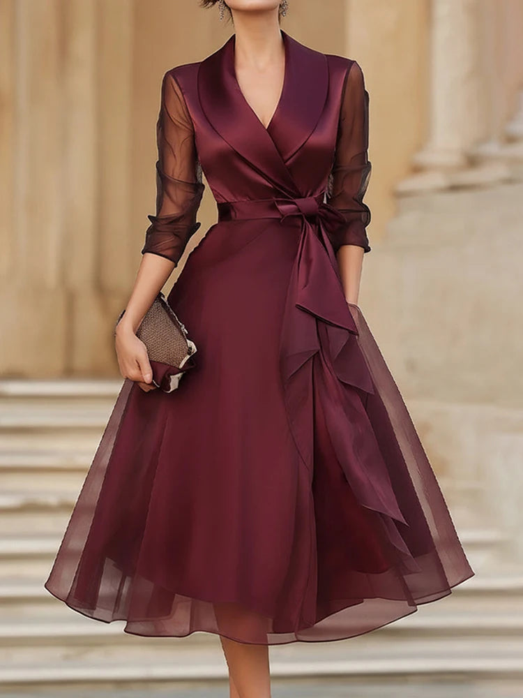 Spring Summer Mesh Patchwork Simple Maxi Dress Women V Neck Three Quarter Sleeve Chic Lace-Up Holiday Streetwear Dress Vestidos