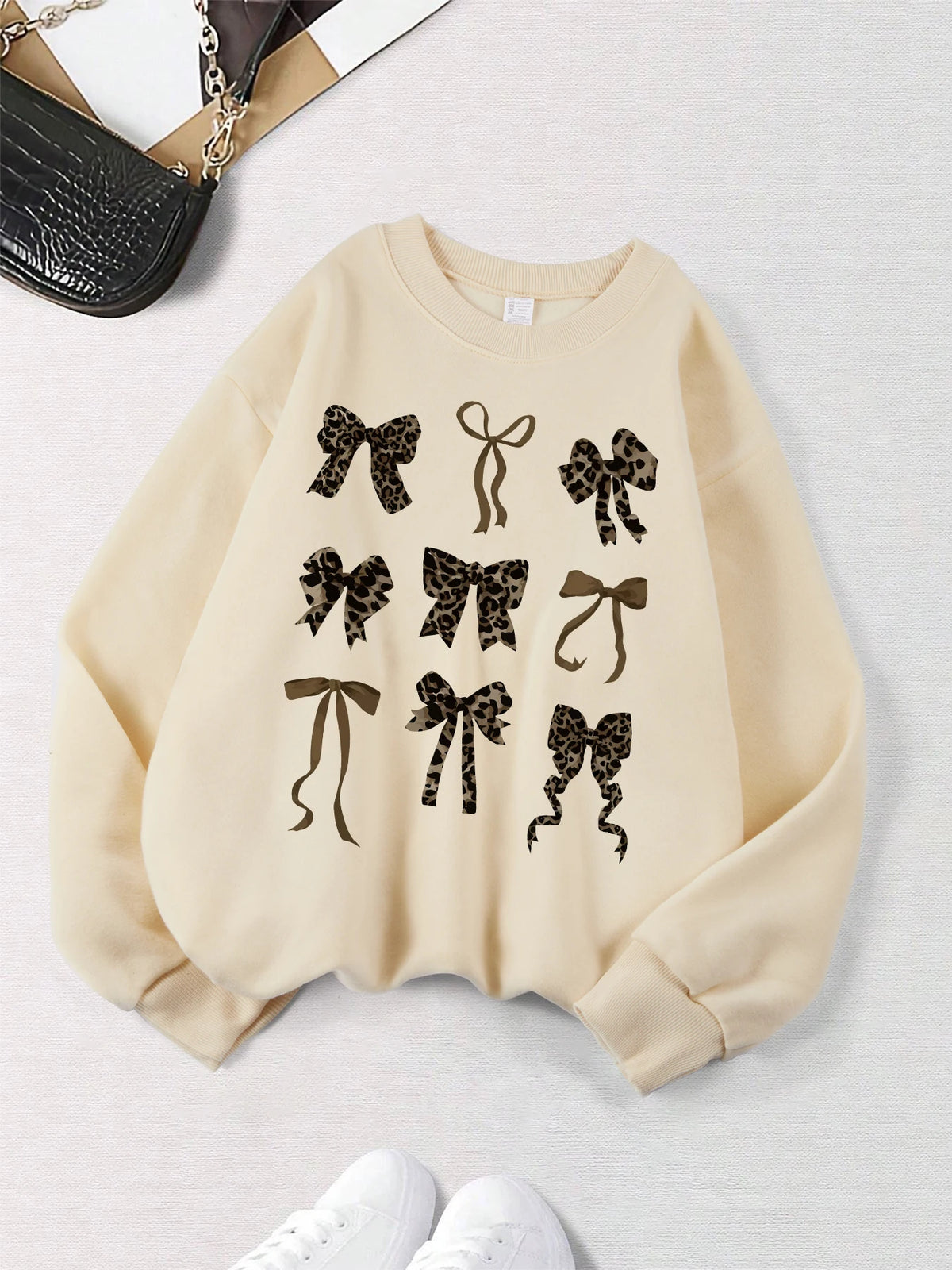 Retro Leopard Print Bow Printed Women Hoodies All-Match Comics Hoody Fleece Casual Clothes Street Hip Hop Pullover Woman