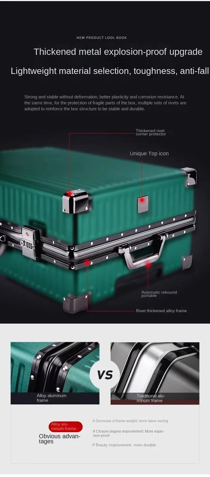 Aluminium Frame Suitcase Large-capacity Trolley Case Strong and Durable Password Cabin Bag Thickened PC suitcase 20/22/24/26/28