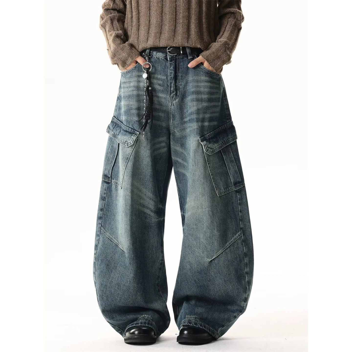 American Style Vintage Washed Large Pocket Knife Jeans Men Loose Straight Cut Workwear Floor-Length Wide Leg Pants