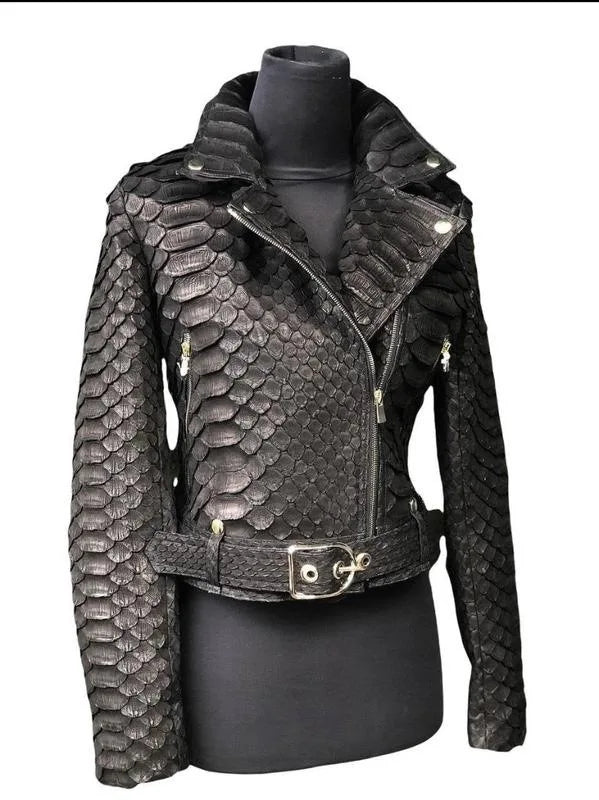 Autumn and winter women's PU leather black imitation snakeskin leather locomotive jacket jacket