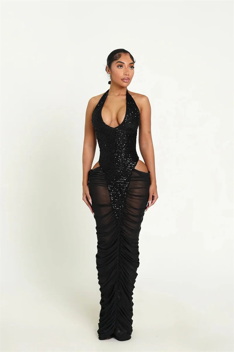Sexy Glitter Sequins Party Evening Dresses Women Luxury Celebrity Sheer Mesh Patchwork Cut Out Formal Ruched Bodycon Maxi Dress