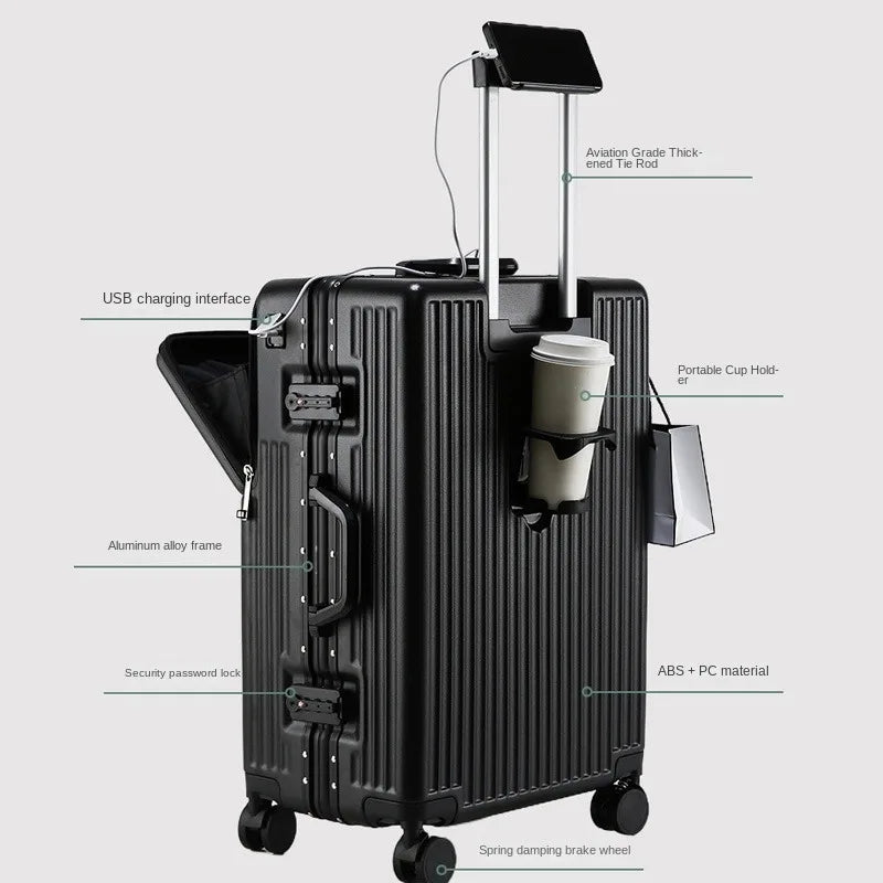 New 20'' Boarding Box Front Opening Suitcase Aluminium Frame 24/27 inch Rolling Luggage with Cup Holder Mobile Phone Holder