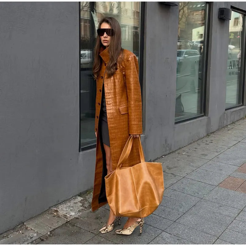 Crocodile Print Faux Leather Long Women 's Winter Coats Stand Collar Single‑Breasted PU Leather Maxi Coat Streetwear Fall Winter
