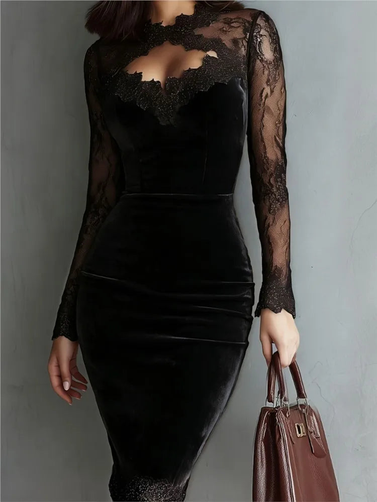 Women Velvet Midi Dress Elegant Lace Long Sleeve Hollow Out Bodycon Dress Autumn Winter New Party Evening Formal Pencil Dresses