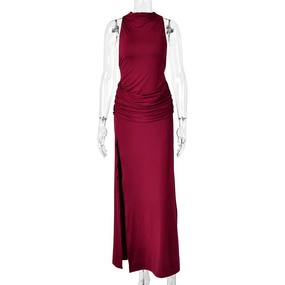 JULISSA MO Sexy Backless High Slit Ruched Women Maxi Dress Sleeveless Round Neck Dress Autumn Skinny Elegant Party Evening Dress