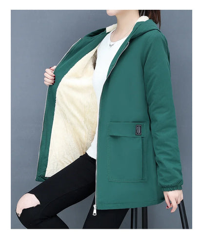 2023 Autumn Winter New Thick Warm Lamb Wool Cotton-padded Coat Women's Mid-length All-fit Loose Hooded Female Blouse