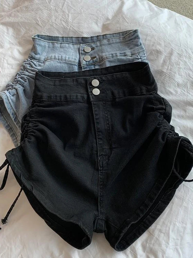 Zoki Sexy Shirring Slim Denim Shorts Women Fashion Korean High Waist Casual Shorts Summer Button All Match Harajuku Shorts New