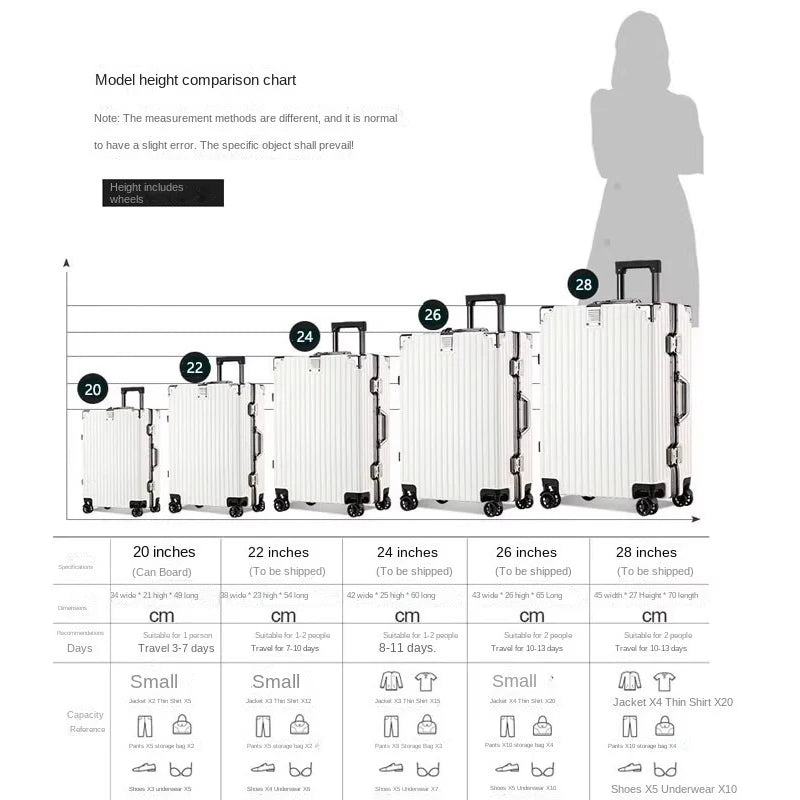 Aluminium Frame Suitcase Large-capacity Trolley Case Strong and Durable Password Cabin Bag Thickened PC suitcase 20/22/24/26/28