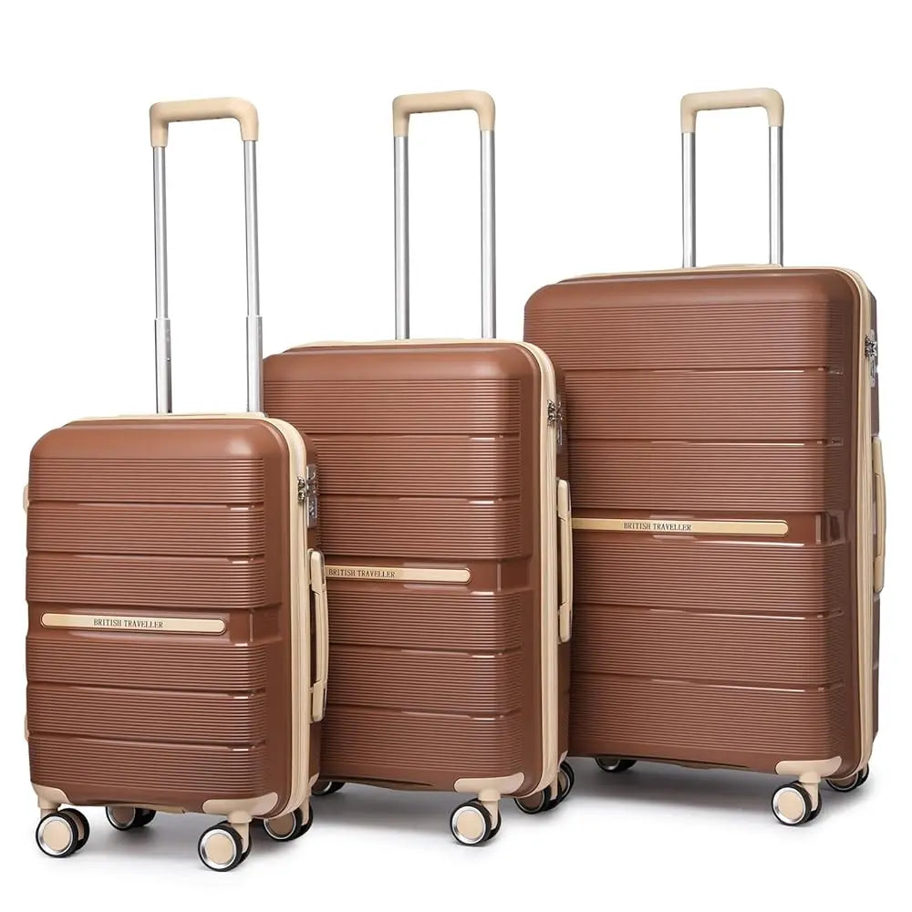 British Traveller 3 Piece Case Set 100% PP 8 Spinner Wheels TSA Lock Hard-Shell hand luggage Dark Blue