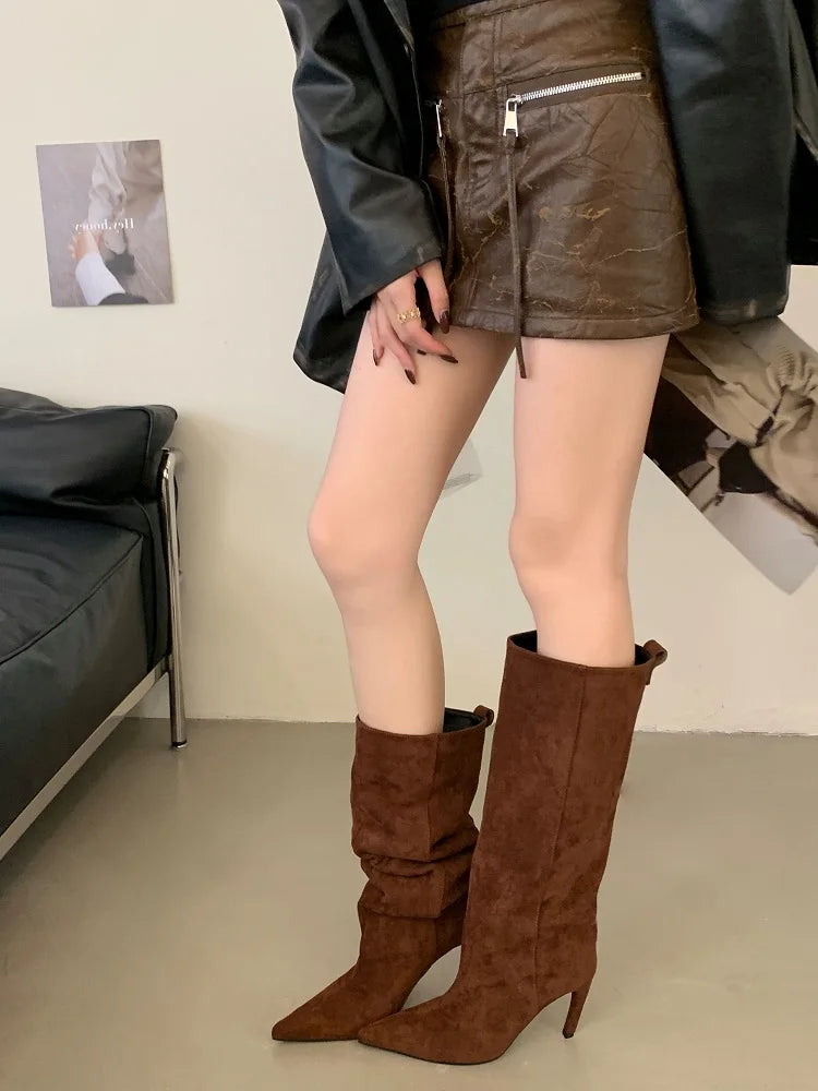 Aneikeh Fashion Winter Pointed Toe Knee-High Women Boots Thin Heels Shoes Female Punk Long Booties Zapatos De Muje