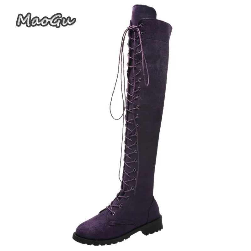 Side Zipper Lace-up Women's Long Botas Brown Black Suede Mid Heel Over-the-Knee Boots for Women Ladies Thigh High Boots Size 43