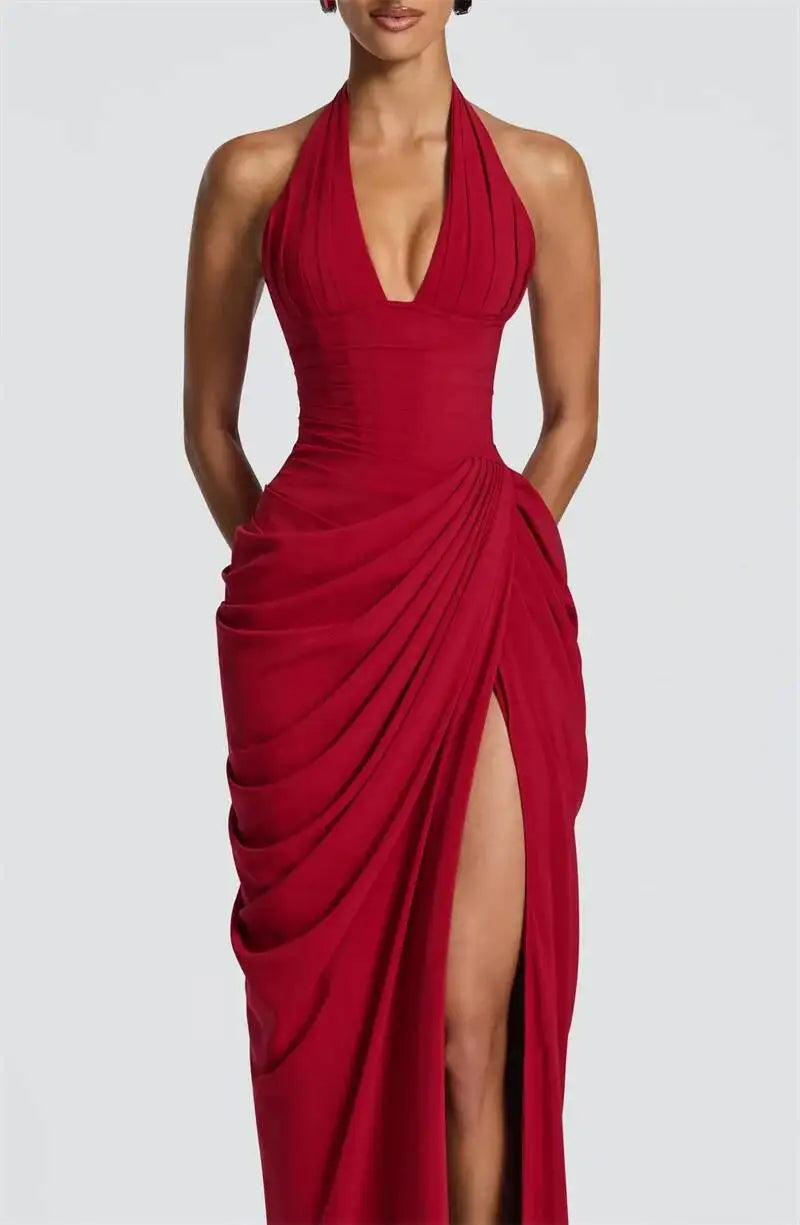 Mozision Wine Red Halter Deep V Maxi Dress Women Elegant Draped Ruched High Split Bodycon Cocktail Wedding Club Party Dresses